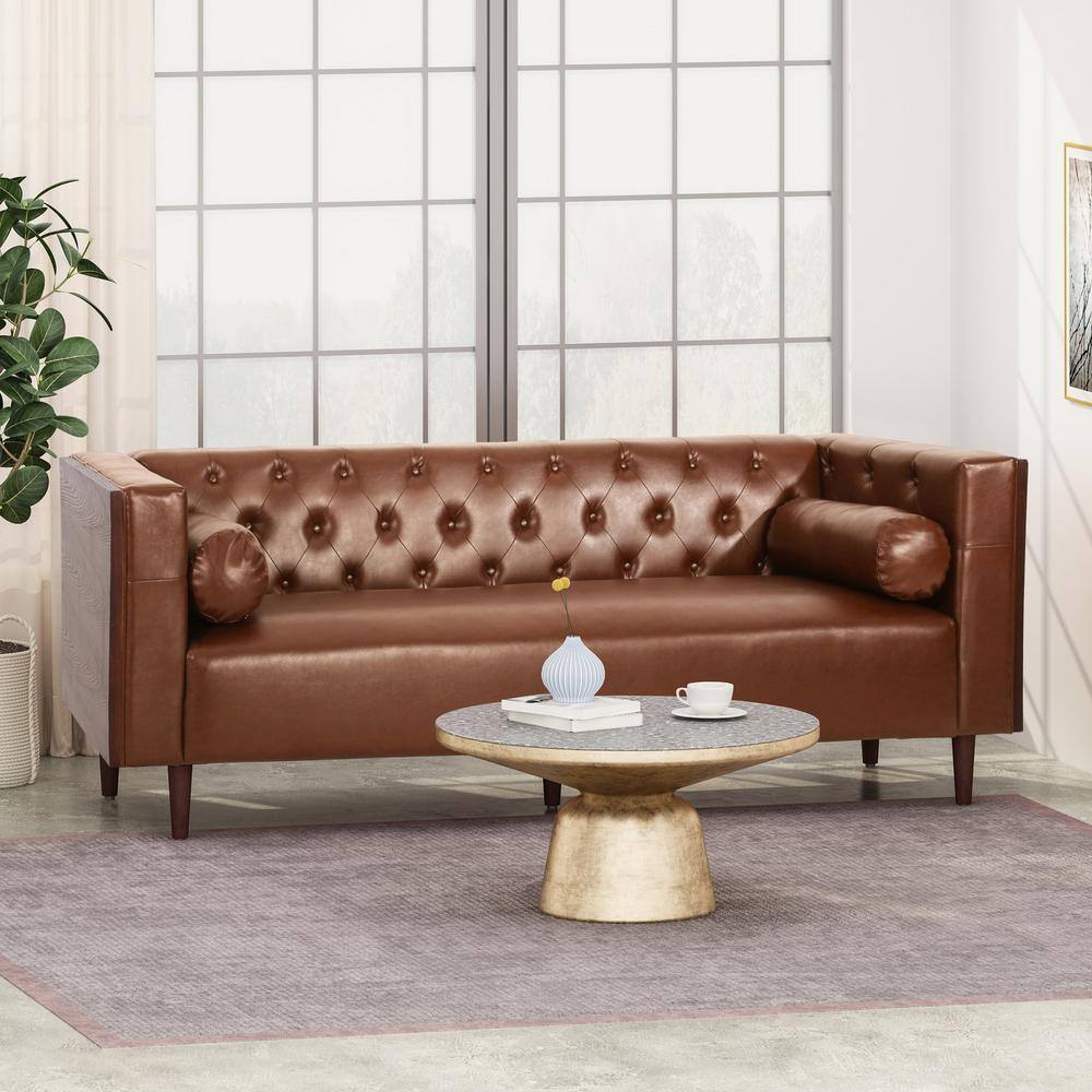 Cognac Brown Tufted Faux Leather 3-Seater Tuxedo Sofa with Wood Accents