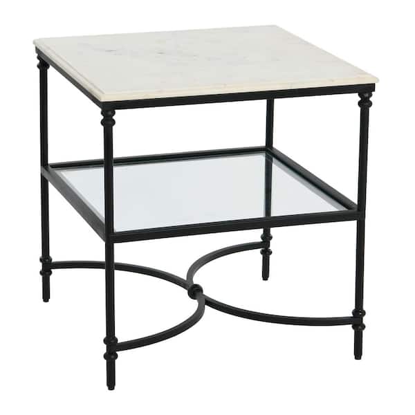 Storied Home Libertine 24 in. Genuine White Marble and Glass End Table with Black Iron Frame