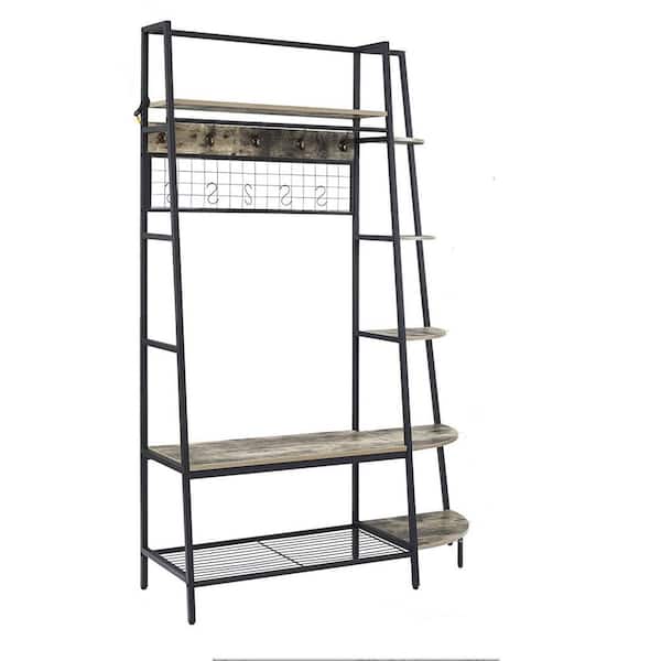 Donason Grey Hall Tree with Bookshelves, Multiple Hooks, and Bench Seat