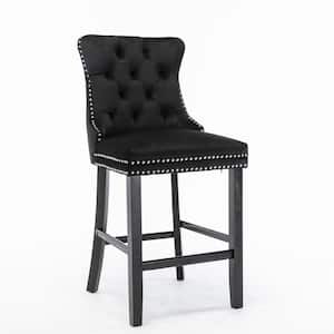 41.3 in. Black Velvet Upholstered Low Back Barstools with Button Tufted Wood Legs Chrome Nailhead Trim (Set of 2)