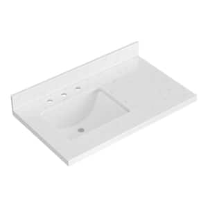 36 in. W. x 22 in. D in Carrara White Quartz with 1.5 in Thick Milter Edge with Rectangle Single Sink Vanity Top White