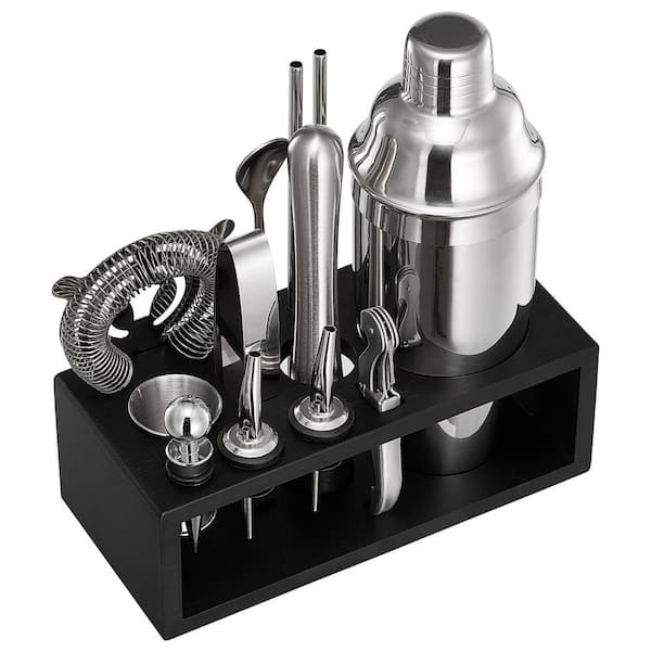 SKYSHALO Cocktail Shaker Set, 13-Piece Stainless Steel Bar Tools with Bamboo Stand, Martini Bartender Kit Accessories:Mixer Spoon