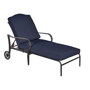 Laurel Oaks Black Steel Outdoor Patio Chaise Lounge with CushionGuard Midnight Navy Blue Cushions