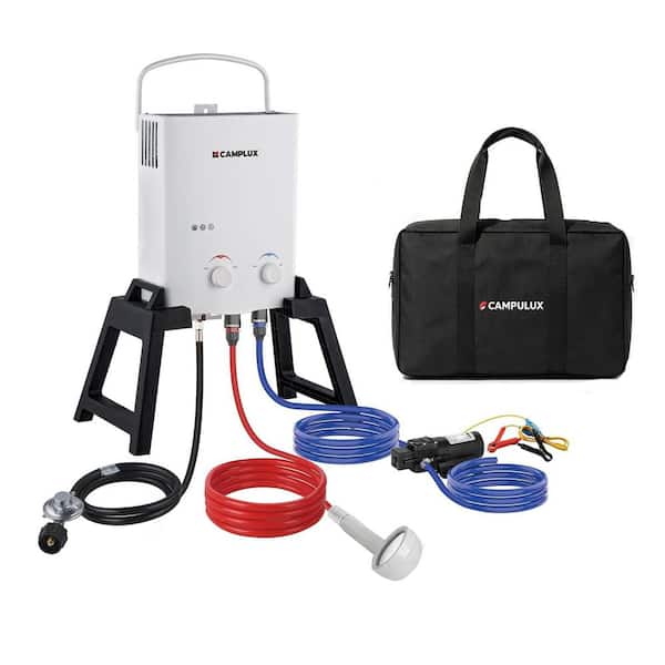 Outdoor Portable Propane Tankless Water Heater with Carry Bag, Water Pump Kit and Stands, 1.32 GPM, 34,000 BTU