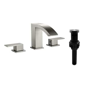 8 in. Widespread Waterfall Bathroom Faucet 3-Holes Double-Handle Bathroom Faucet Pop Up Drain in Brushed Nickel