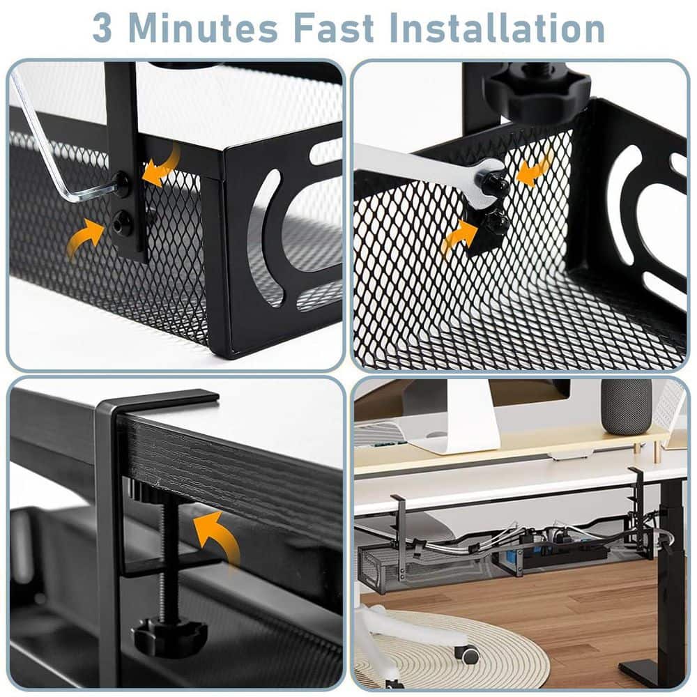 Under Desk Cable Management Tray Metal Cord Organizer Clamp Mount for Standing Desk Home Office Black 1-Piece - Thumbnail 3