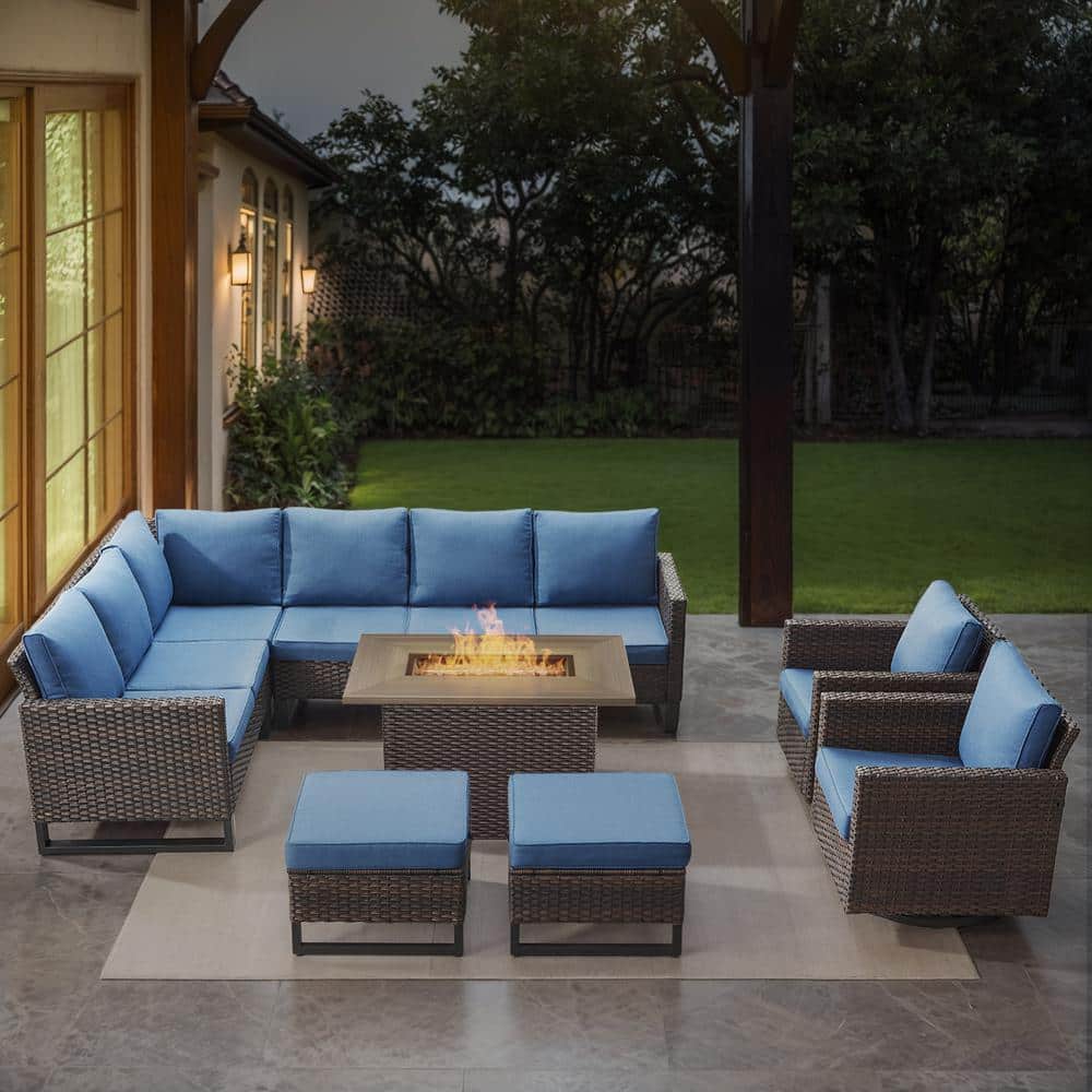 U-Weave 8-Piece Brown Wicker Outdoor Rectangular Fire Pit Conversation Set with Navy Blue Cushions and Sectional Sofa price history on PriceWatchPro