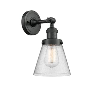 Franklin Restoration Small Cone 6.25 in. 1-Light Matte Black Wall Sconce with Seedy Glass Shade