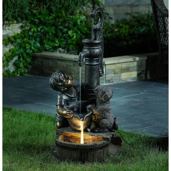 Luxenhome Polyresin Water Pump Boy And, Dog Garden Water Fountain