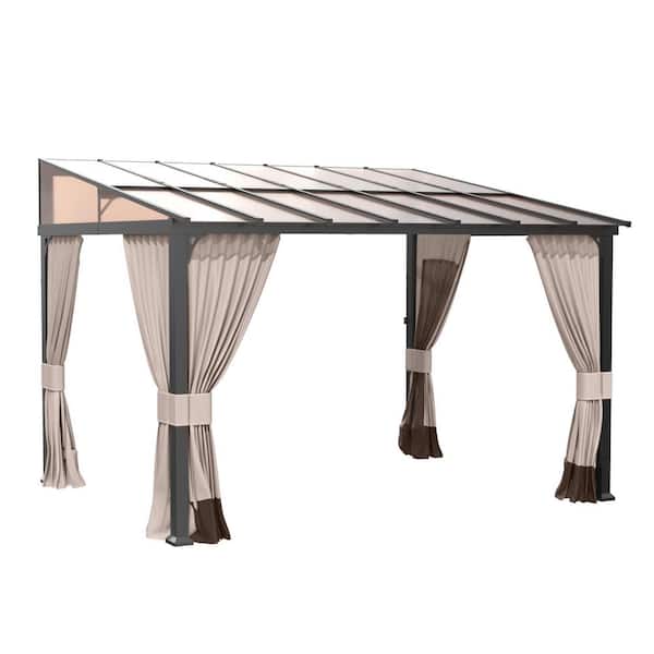 10 ft. x 12 ft. Gray Wall-Mounted Sloping Roof Gazebo with Khaki Curtain and Netting, Sunroom