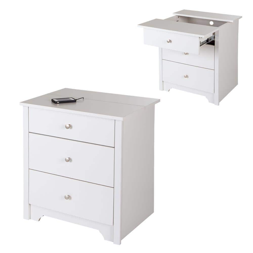 Pure White 2-Drawer Nightstand with Built-In Charging Station