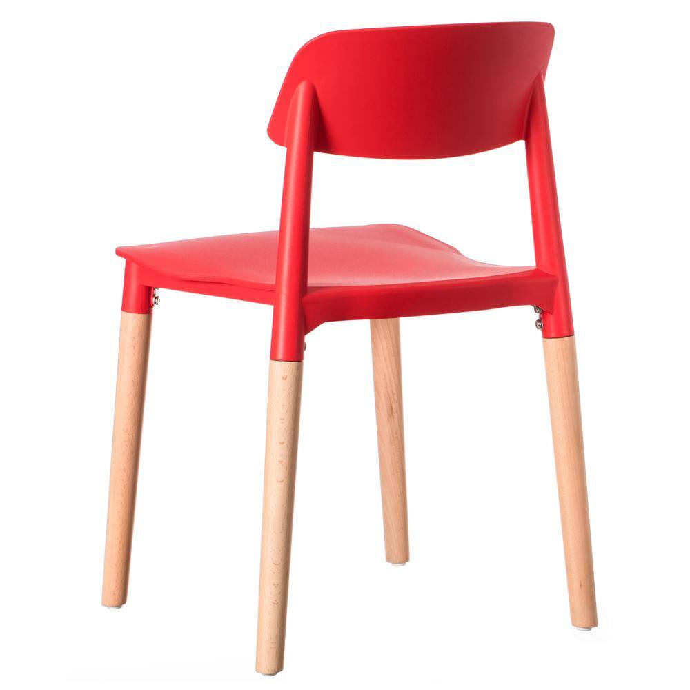 Modern Red Plastic Side Chair with Beech Wood Legs