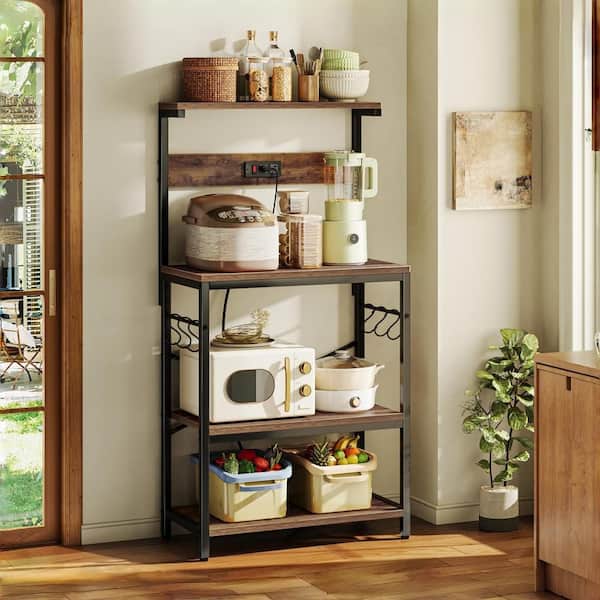 22 in. 4-Tier Kitchen Bakers Rack Standing with Power Outlet and 6 S-shaped Hooks for Spices, Pot Rack, Brown