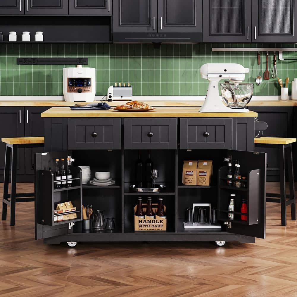 Black MDF Kitchen Cart with 2 Door Cabinet, Spice Rack, Drop Leaf and Towel Rack