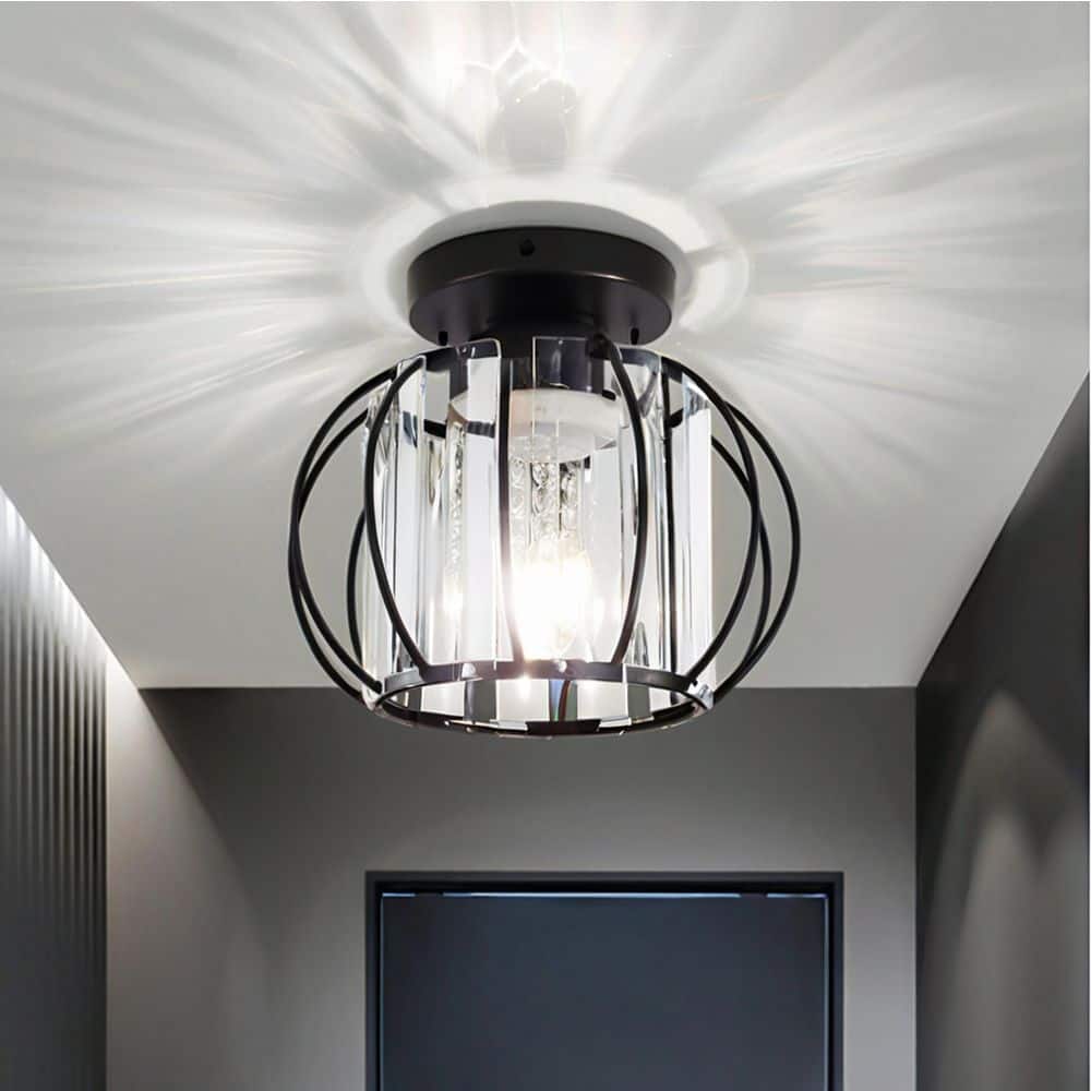 YANSUN 7 in. 1-Light Black Modern Crystal Cage Semi Flush Mount Ceiling ...