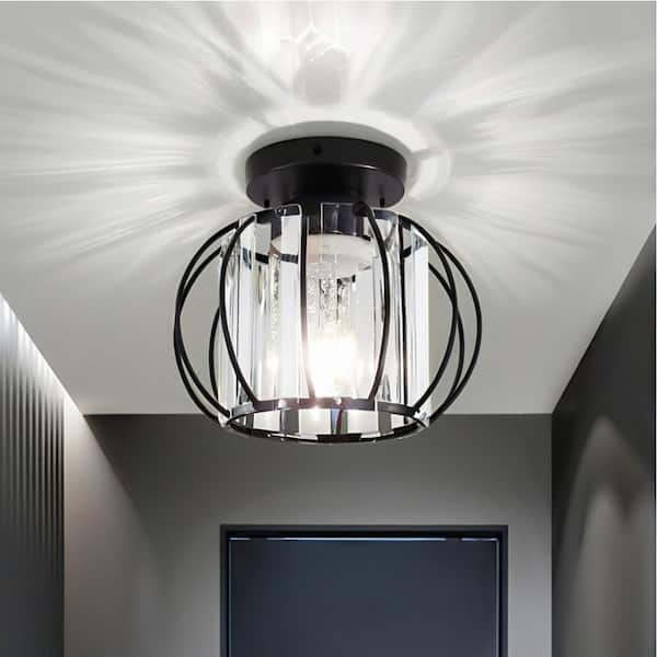 7 in. 1-Light Black Modern Crystal Cage Semi Flush Mount Ceiling Light Perfect for Living Room, Hallway, or Entryway