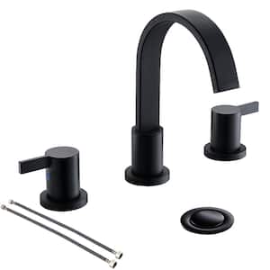 Matte Black Waterfall Widespread 8 in. 3 Holes 2 Handles Bathroom Faucet with Copper Drain and Valve