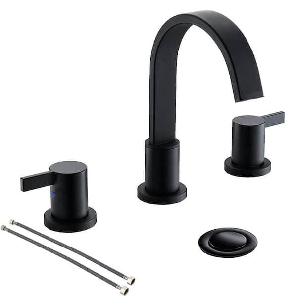 Phiestina Matte Black Waterfall Widespread 8 in. 3 Holes 2 Handles Bathroom Faucet with Copper Drain and Valve