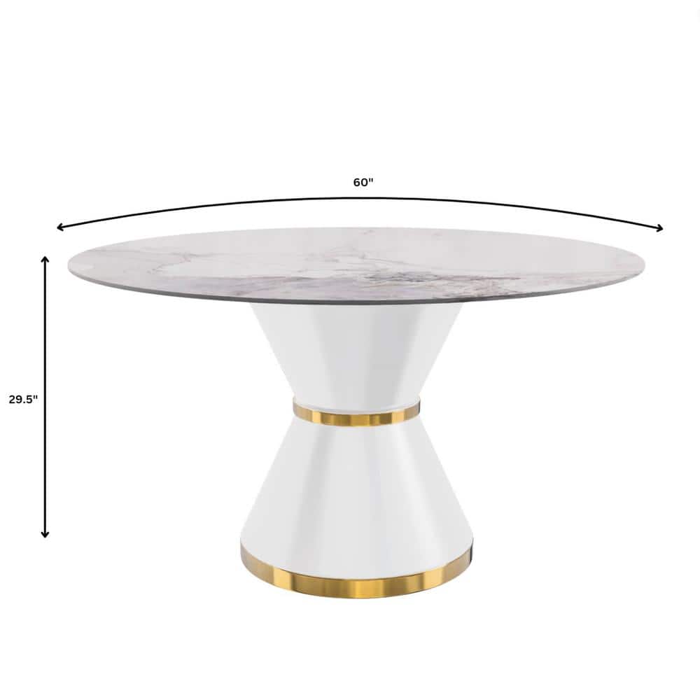 60'' White and Gold Round Glass Dining Table