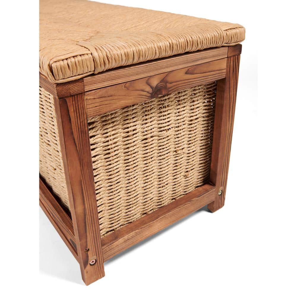 Brown Pine Kid's Storage Bench with Woven Top and Baskets