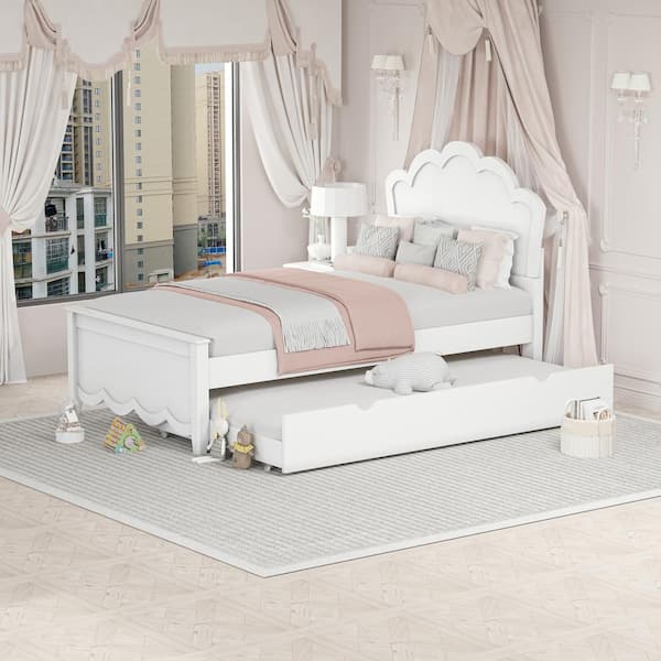 Qualler White Wood Frame Twin Size Platform Bed with Twin Size Trundle and Headboard