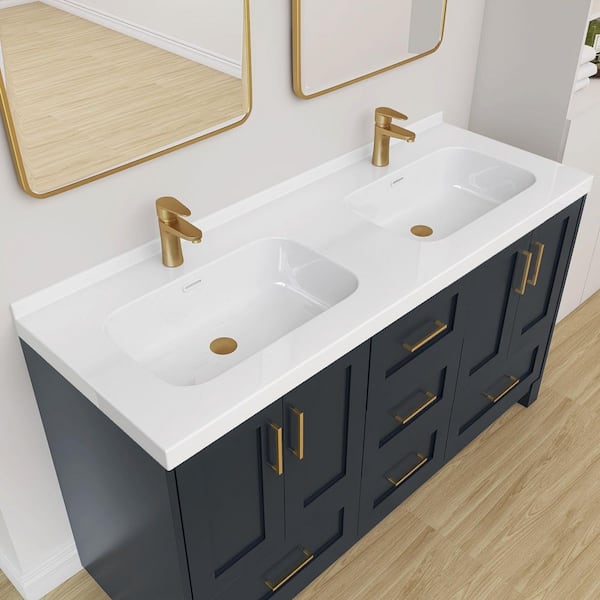60 in. W x 22 in. D Solid Surface White Vanity Top Rectangular Double Sink Bathroom Vanity Top in Glossy White
