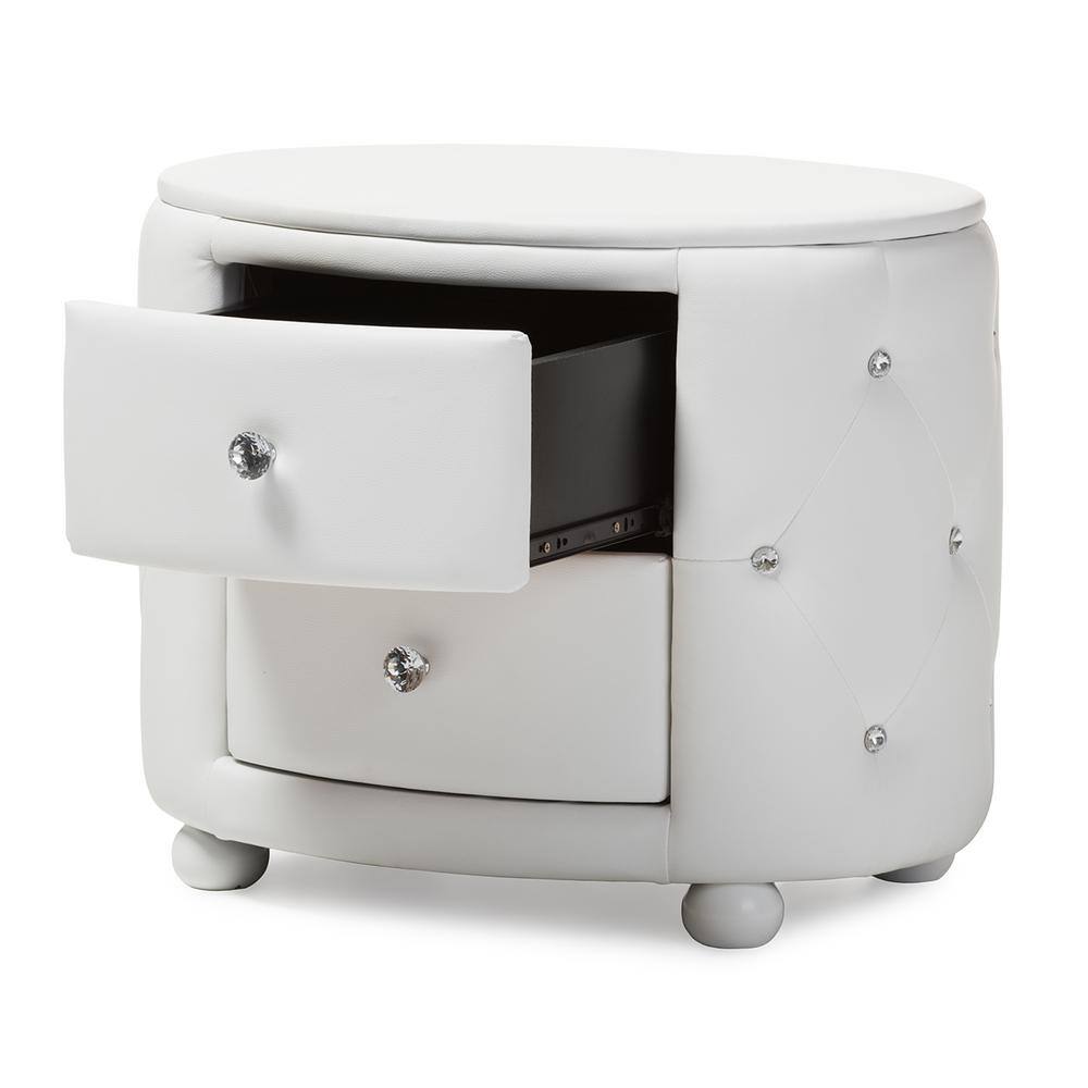 Davina Oval White Faux Leather Glamour Nightstand with Crystal Accents