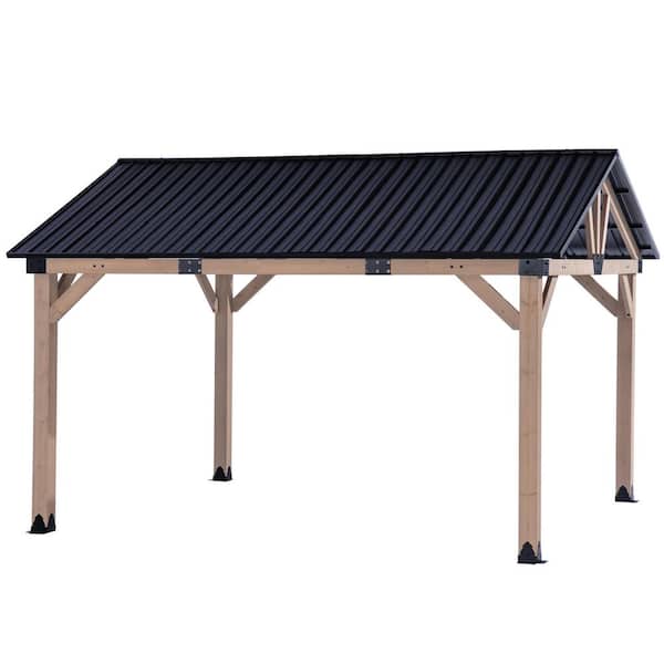 12 ft. x 14 ft. Outdoor Cedar Wood Frame Hardtop Gazebo with Galvanized Steel Gable Roof and Ceiling Hook