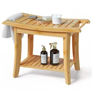 13.4 in. D x 24 in. W x 18.5 in. H Natural Bathroom Bamboo Shower Bench Seat with Storage Shelf