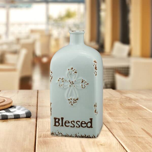 Stonebriar Collection 7.75 in. Ceramic Blessed Vase in Worn Pale Ocean