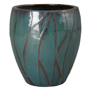 20 in. L x 22 in. H Teal Ceramic Round Planter