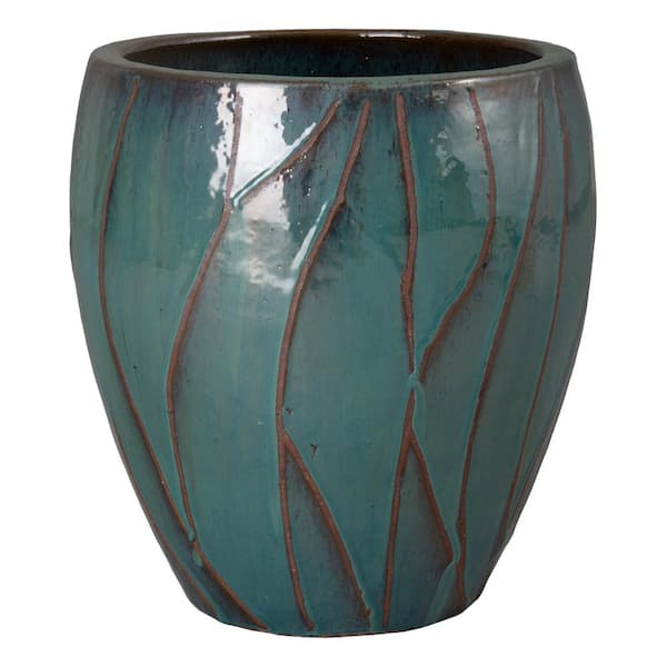 20 in. L x 22 in. H Teal Ceramic Round Planter