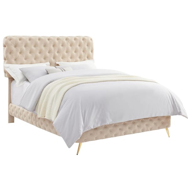 Modern Beige Solid Wood Frame King Panel Bed with Button Tufted Upholstered Headboard for Bedroom