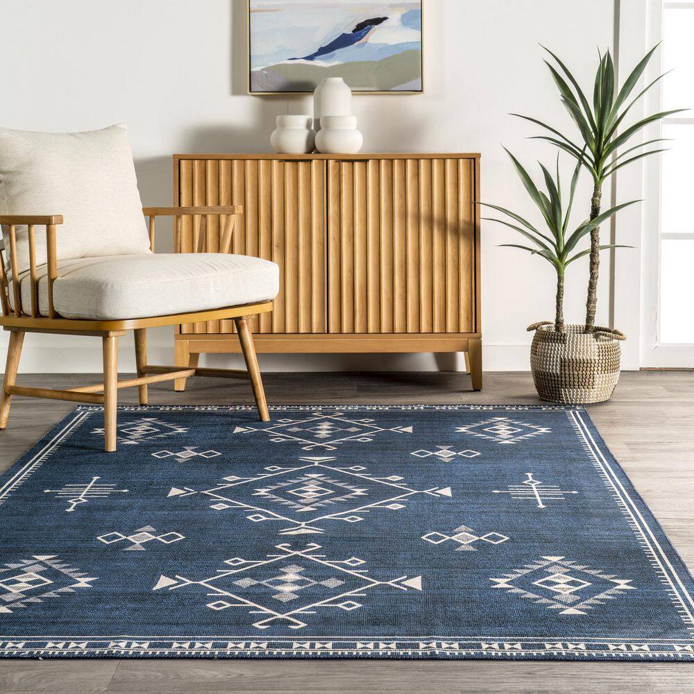 Navy Rectangular Reversible Washable Synthetic Area Rug, 3' x 5'