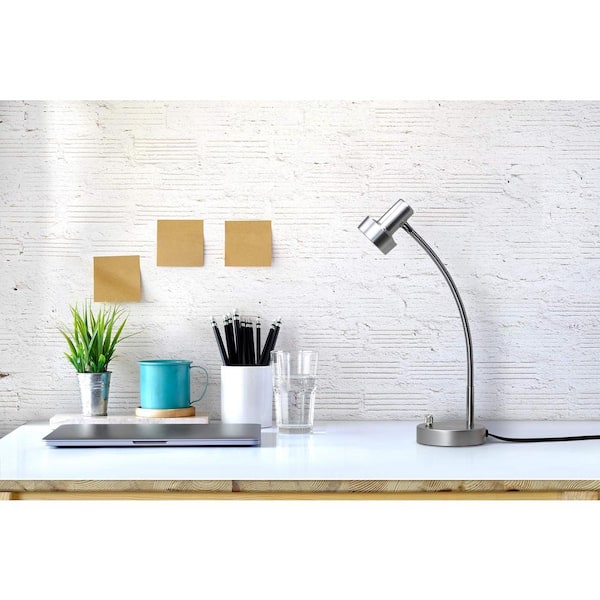 15 .75 in. Silver Metal Office/Bedside Desk Lamp with USB Charging Port(5V/2A), Flexible Gooseneck and Dimmable