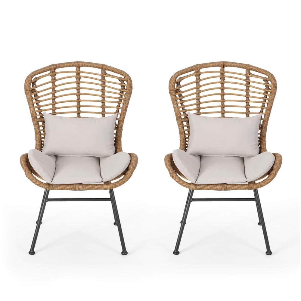 Light Brown Faux Rattan Armless Patio Chairs with Beige Cushions