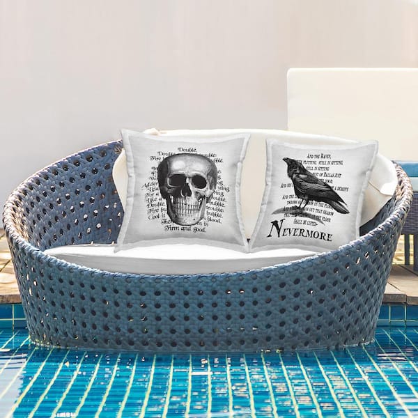 Halloween Skull and Crow Poetry Black Square Outdoor Throw Pillow 2-Pack