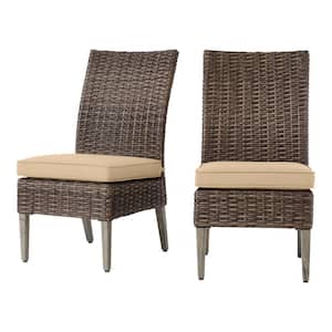 Rock Cliff Brown Stationary Wicker Outdoor Patio Armless Dining Chair with Sunbrella Beige Tan Cushions (2-Pack)
