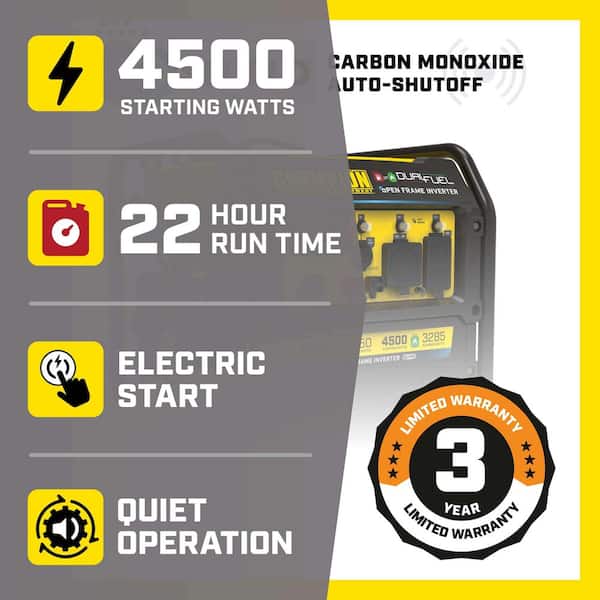 4500/3650-Watt Electric Switch Gasoline/Propane Open Frame Inverter Portable Generator w/ Quiet Technology and CO Shield