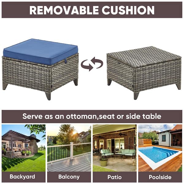 Gray Wicker Outdoor Ottoman with Blue Cushions (2-Pack)