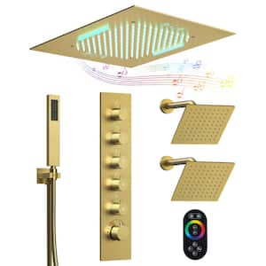 5-Spray 20 in. Ceiling Mount LED Music Dual Shower Head Fixed and Handheld Shower Head and 2.5 GPM in Brushed Gold