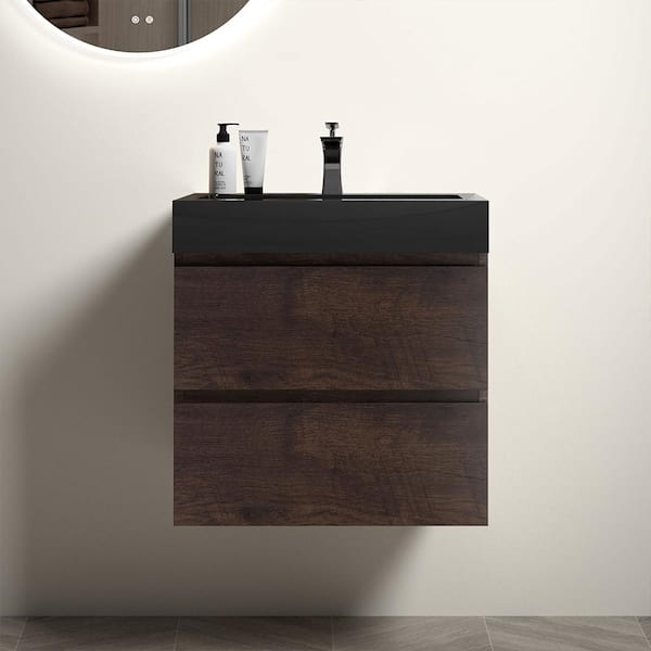MYCASS 24 in.W x 18.1 in.D x 25.2 in.H Floating Bath Vanity in Rose Wood with One-Piece Black Sink Basin Top