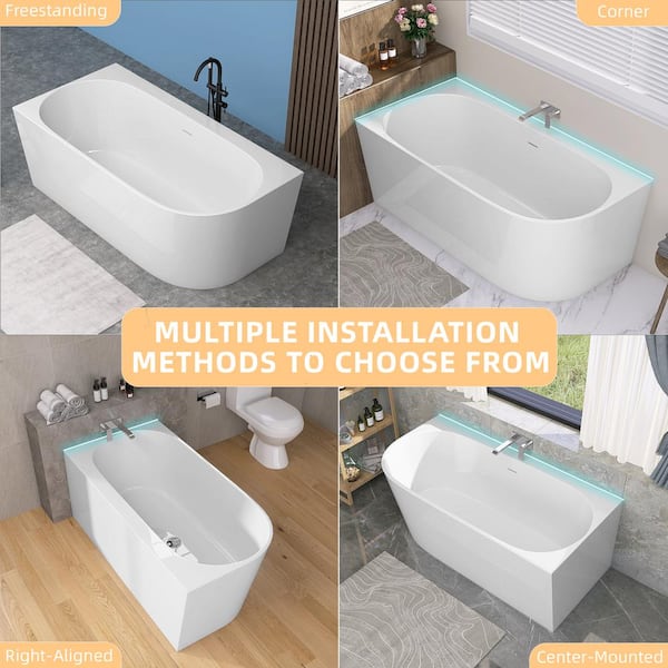 59 in. x 29.53 in. Acrylic Soaking Bathtub with Center Chrome Drain & Overflow Left Corner Flat Bottom Bathtub in White