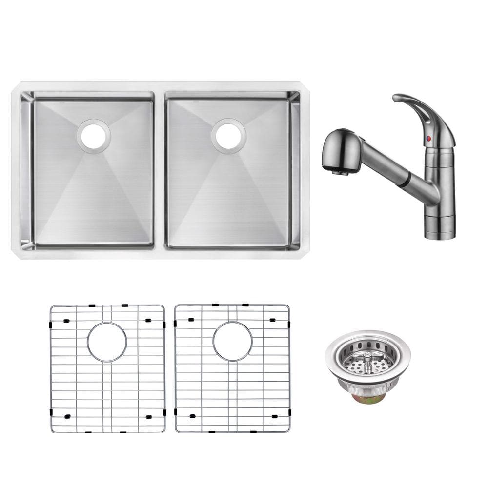 32 in. Undermount 50/50 Double Bowl 16-Gauge Handmade Stainless Steel Kitchen Sink with Pull-Out Brushed Kitchen Faucet price history on PriceWatchPro