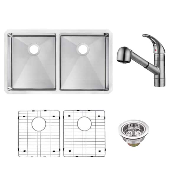 CHESHIRE 32 in. Undermount 50/50 Double Bowl 16-Gauge Handmade Stainless Steel Kitchen Sink with Pull-Out Brushed Kitchen Faucet
