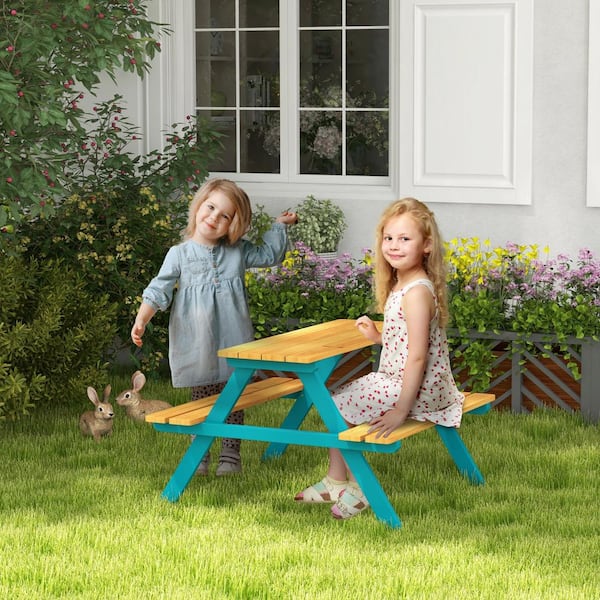 35 in. Outsunny Kids Picnic Square Wooden Table Set Outdoor Bench Set with Seating for 4 Kids Ages 3 8 Years Old Kidstable713 1 The Home Depot