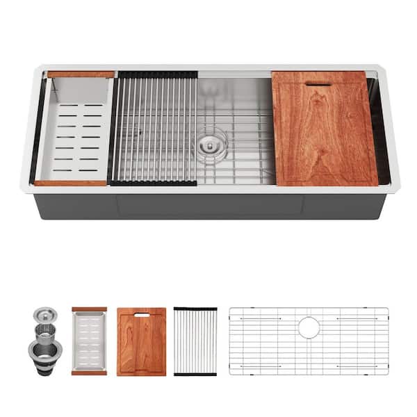 45 in. x 19 in. Undermount Single Bowl 16 Gauge Stainless Steel Workstation Kitchen Sink Bottom Grid and Strainer Basket