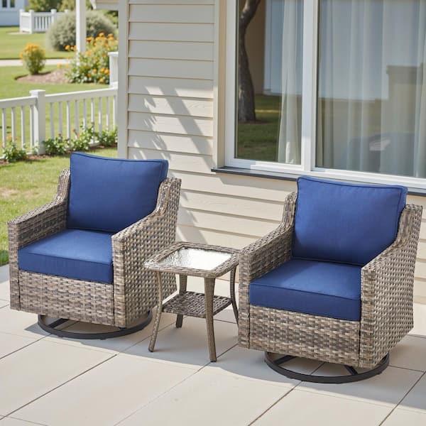 Hort 3-Piece Gray Wicker Outdoor Rocking Chair Sets Patio Swivel Glider Lounge Chairs with Blue Cushions and Side Table