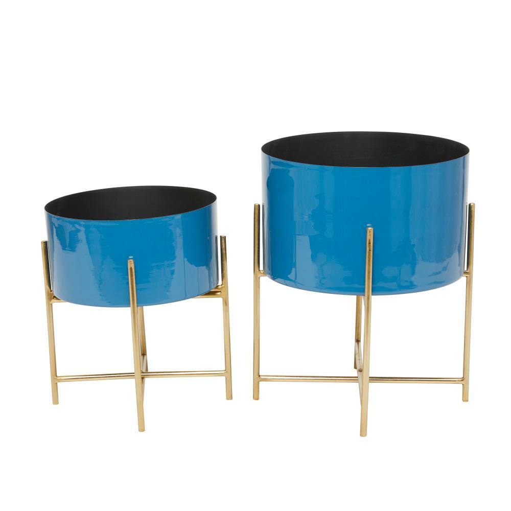 Modern Blue and Gold Metal Round Planters with Stand, Set of 2