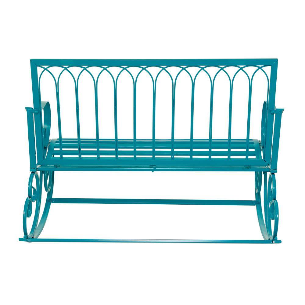 Teal Metal Rocking Outdoor Bench with Scrolled Armrests